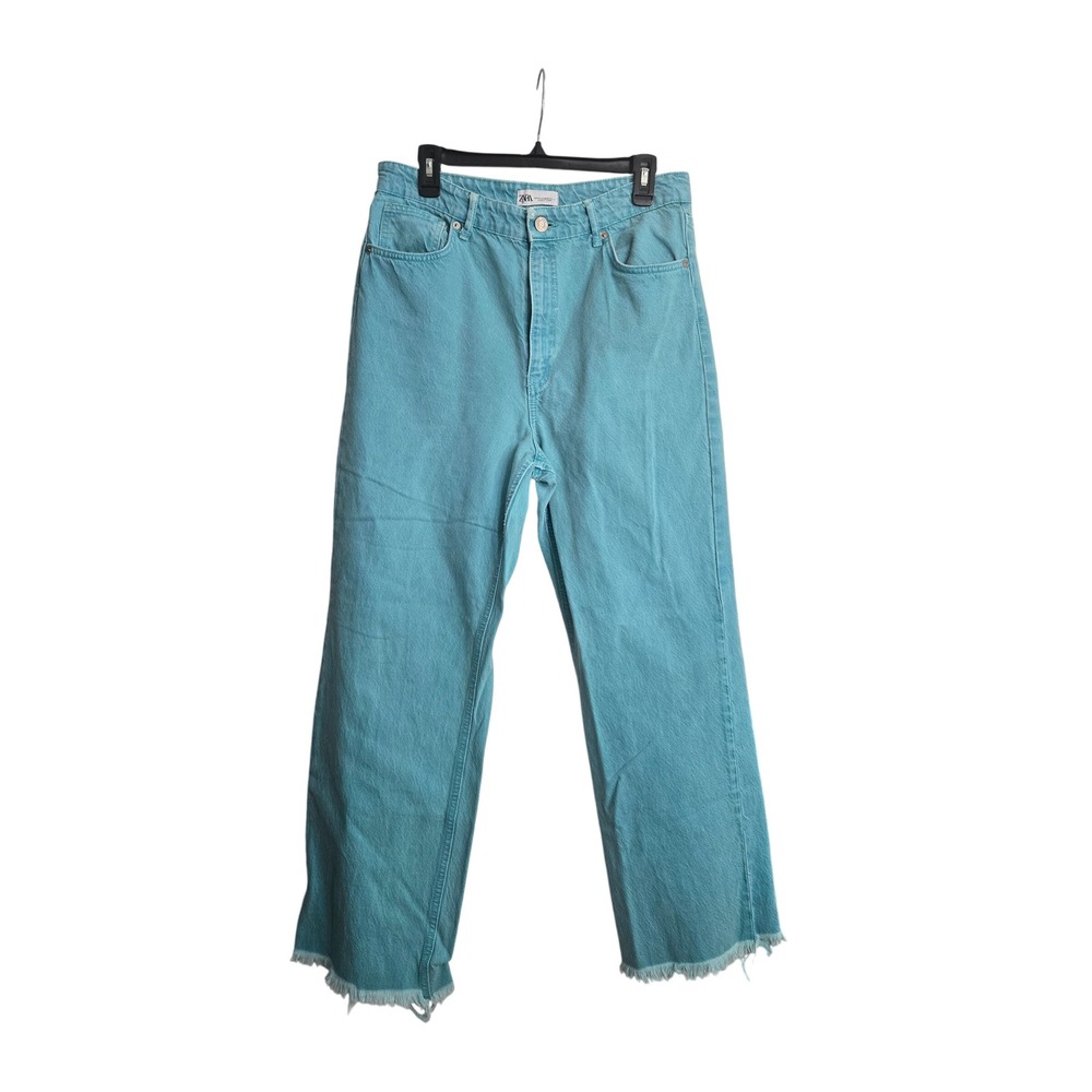 Zara High Waisted Wide Leg Jeans Turquoise Blue Frayed Hem Size 10 US 42 EUR